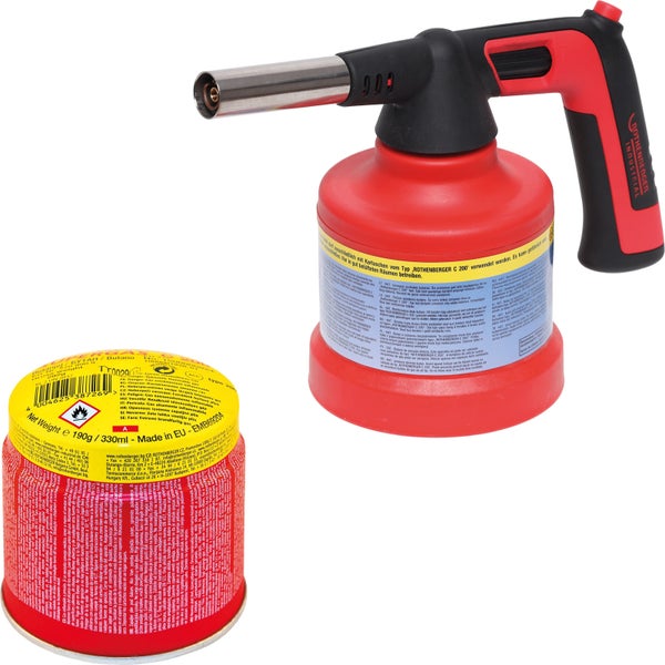 Hand hält ein Rothenberger Industrial Gaslötgerät Piezo 1800 mit ergonomischem Griff.