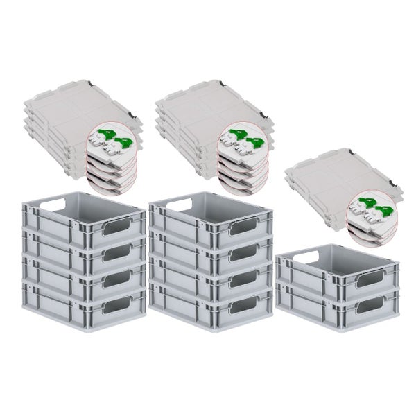 PROREGAL Spar Set 10x Eurobox Nextgen Economy Mit Scharnierdeckel & Grünen Schiebeschnappverschlüssen Griffe Offen HxBxT 12 x 30 x 40 cm 11 Liter