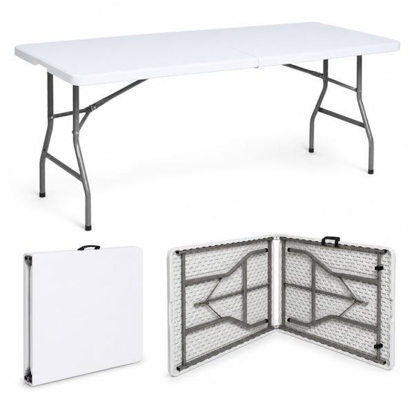 Klappbarer Buffet-Tisch aus weißem Kunststoff mit grauem Metallgestell, dargestellt im aufgebauten Zustand, zusammengeklappt und von der Unterseite.