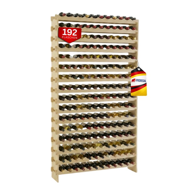 Großes Weinregal aus Holz von Proregal für bis zu 192 Flaschen, stabiles Flaschenregal zur Lagerung.