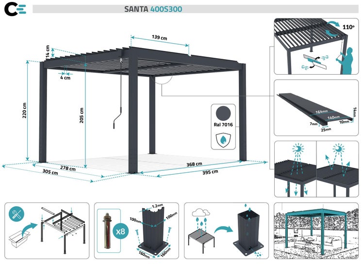 Pergola Aluminium Lamellendach SANTA B395 x T305 x H220 cm, Aluminiumpfosten 10 x 10 cm, Anthrazitgrau