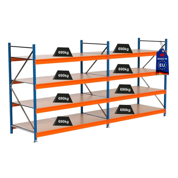 Lagerregal mit mehreren Ebenen und hoher Traglast von 690 Kilogramm pro Ebene
