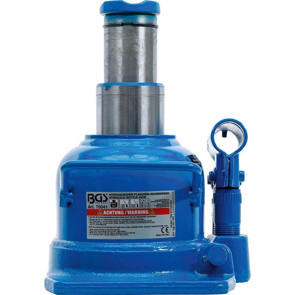 Hydraulischer Flaschenwagenheber von BGS Technic aus Metall in Blau mit 10 Tonnen Tragkraft und Teleskopkolben.