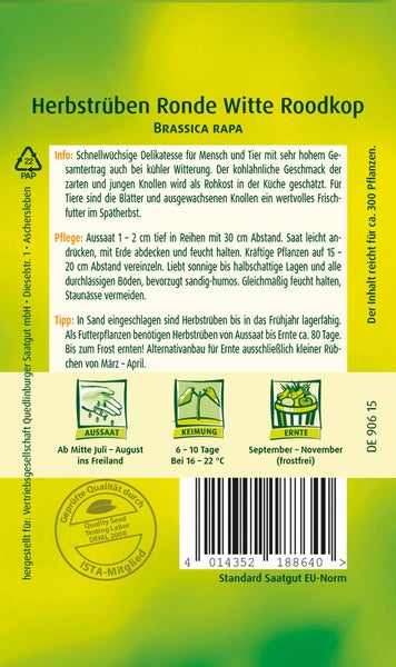 Rückseite einer Samentüte für Herbstrüben Ronde Witte Roodkop mit Anbauhinweisen, Qualitäts-Siegel und Quedlinburger Saatgut Logo.