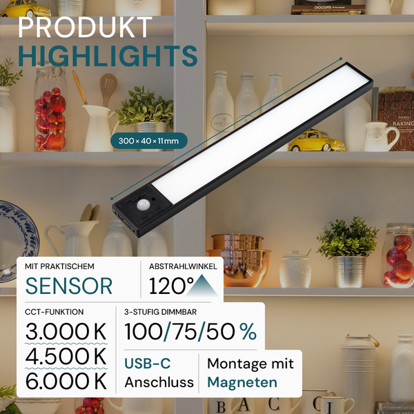 Produkt-Highlights: Sensorleuchte mit 300 x 40 x 11 Millimeter Größe, 120 Grad Abstrahlwinkel, USB-C-Anschluss, Magnetbefestigung und 3-stufig dimmbarer CCT-Funktion (3000 K, 4500 K, 6000 K)