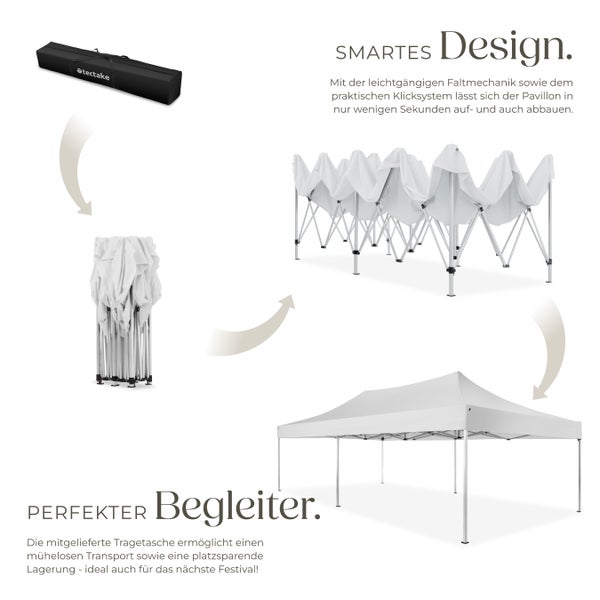Pavillon tectake Viola inklusive Spannseilen, Heringen und Tragetasche 6 x 3 m, mit Aluminiumgestell weiß
