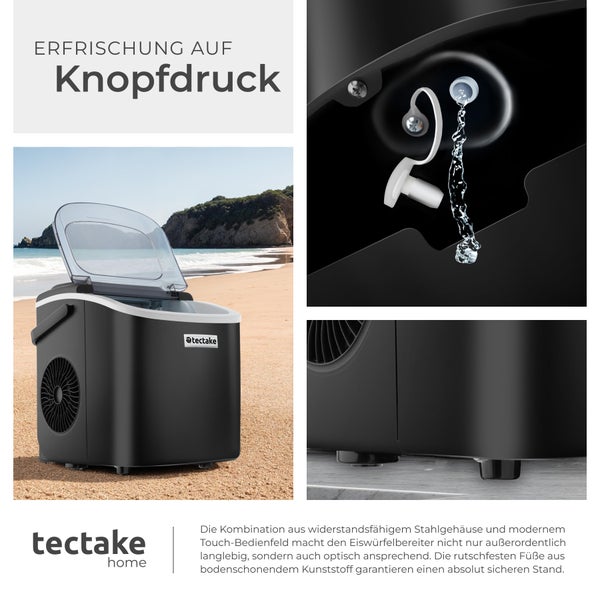 Eiswürfelmaschine tectake Arctic inklusive Eiskorb und Eisschaufel 1,2 l Wassertank, 2 Eiswürfelgrößen schwarz