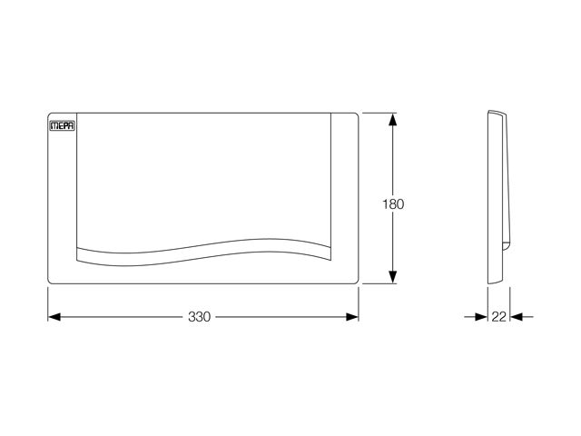 Maßzeichnung einer MEPA Betätigungsplatte mit 330 Millimeter Breite, 180 Millimeter Höhe und 22 Millimeter Tiefe.
