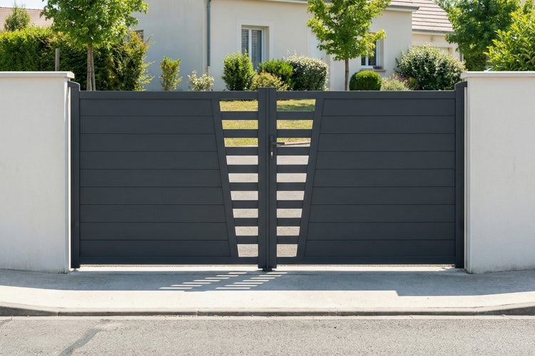 Modernes zweiflügeliges Einfahrtstor in Anthrazit aus Aluminium mit mittigen Lamellen-Dekorelementen, montiert zwischen zwei Pfeilern.