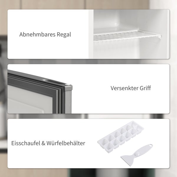 Merkmale eines Gefrierschranks mit herausnehmbarem Gitterregal, versenktem Griff sowie Eiswürfelform und Eisschaber.