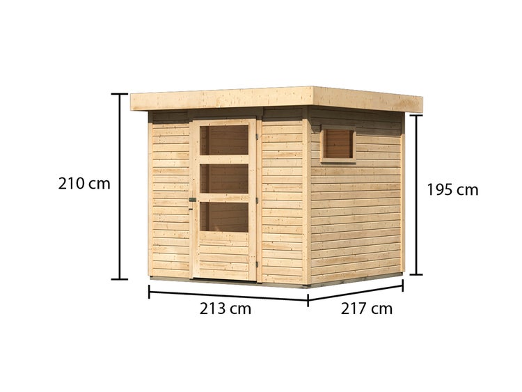 Holz-Gartenhaus mit Flachdach, Einzeltür mit drei Lichtausschnitten und Seitenfenster. Breite 213, Tiefe 217, Höhe 210 Zentimeter.