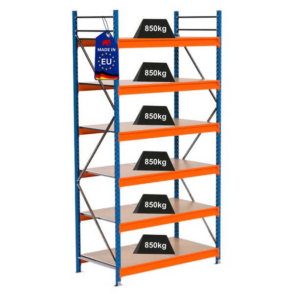 Regal mit sechs Ebenen und 850 Kilogramm Traglast je Ebene sowie Made in EU Kennzeichnung
