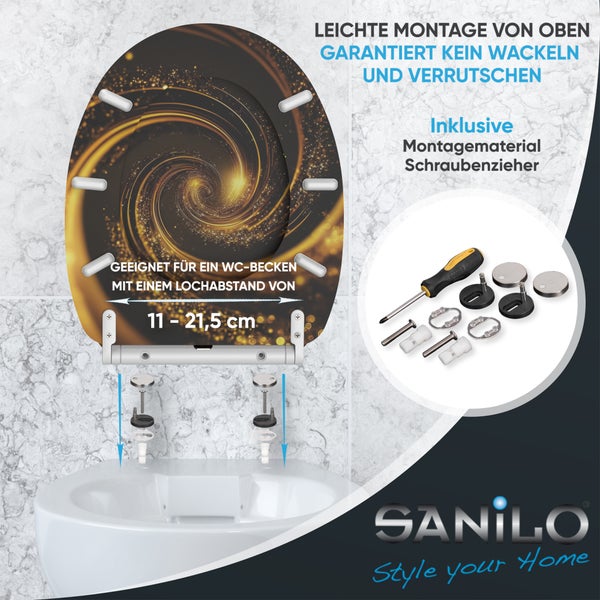 Sanilo WC Sitz mit Motiv inklusive Befestigungsmaterial und Schraubendreher für Montage von oben bei 11 bis 21,5 Zentimeter Lochabstand.