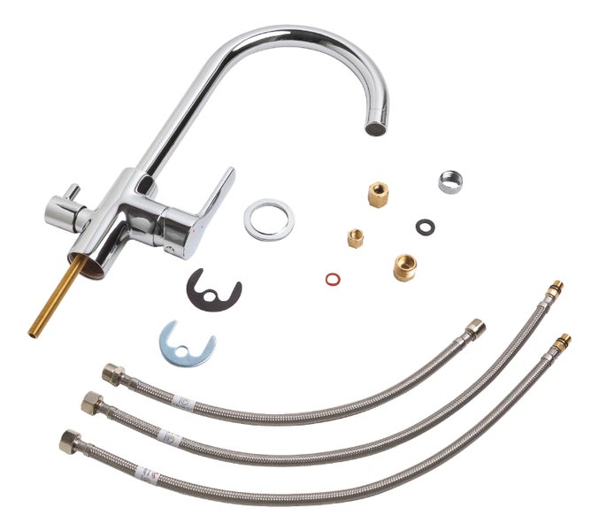 'aquaSu® Spültischarmatur Rego mit Geräteanschluss, Wasserspar-Mischdüse, Kosten-sparende Kaltwassermittelstellung, hoher Auslauf, Keramikkartusche, Messingkern, verchromt, 797122