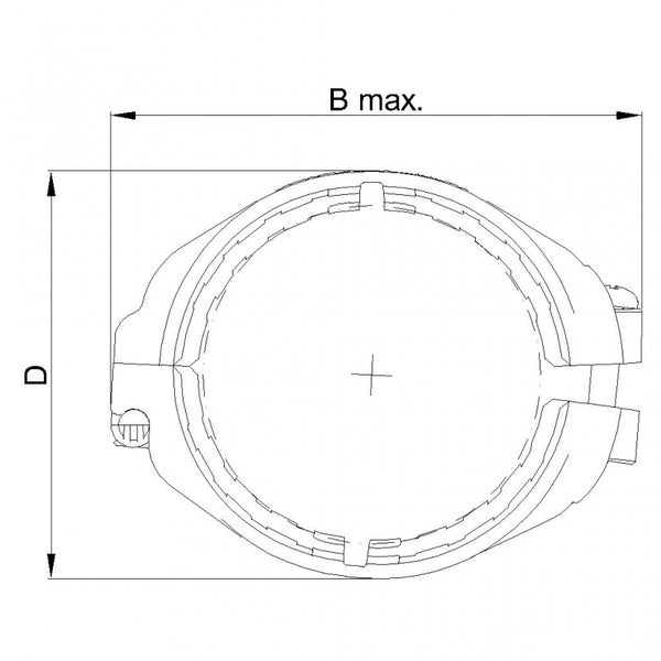 Technische Zeichnung einer Rohrschelle mit Angabe der Maße B maximal und D.