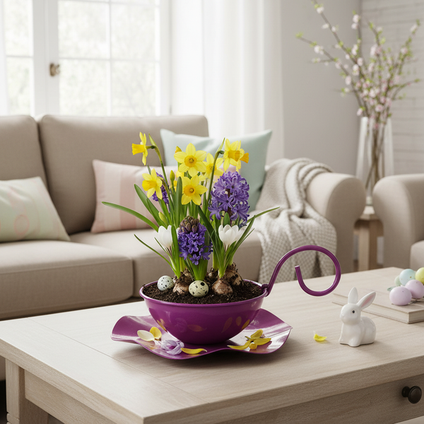 Frühlingsgesteck in violetter Tassenschale mit gelben Narzissen und Hyazinthen auf einem Couchtisch in hellem, organisiertem Wohnzimmer.