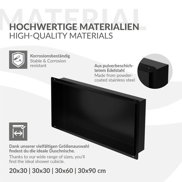 Schwarze Duschablage aus pulverbeschichtetem Edelstahl, korrosionsbeständig, Wandnische für das Badezimmer, in verschiedenen Größen.