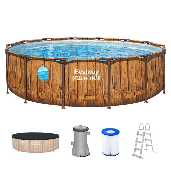Bestway Steel Pro Max Aufstellpool in Holzoptik mit Bullauge, Filterpumpe, Filterkartusche, Leiter und Abdeckplane.