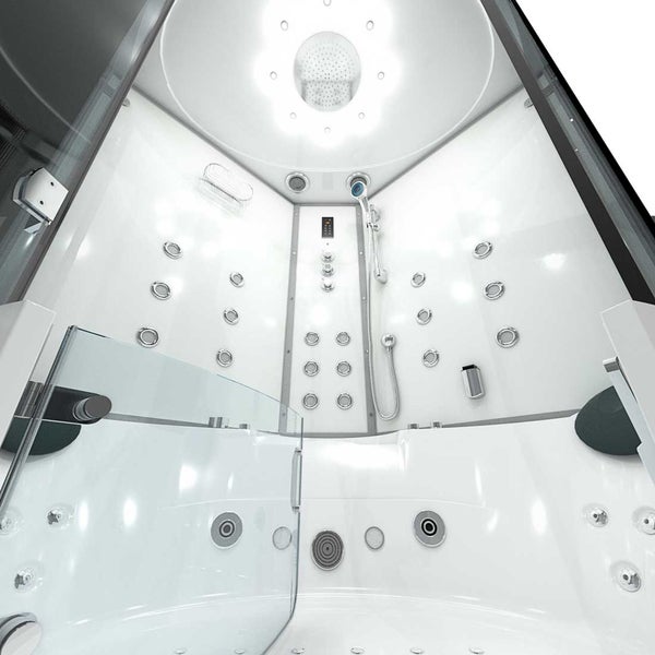 Innenansicht einer modernen weißen Duschkabine mit Hydro-Massage-Düsen, Regenduschkopf mit Beleuchtung, Handbrause und digitalem Bedienfeld.