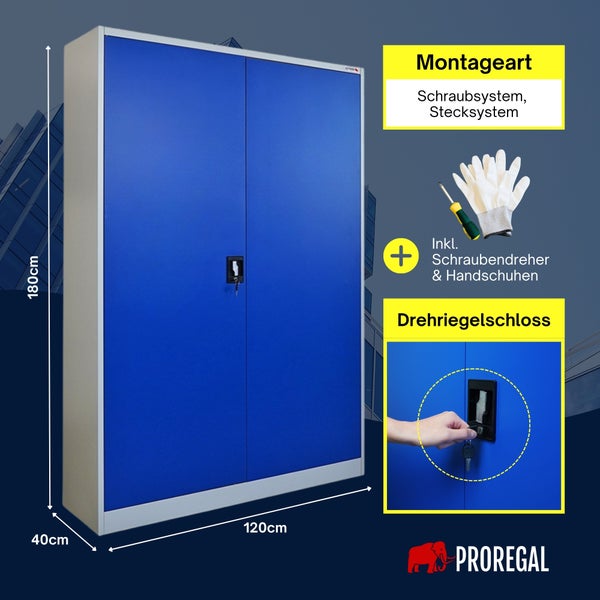 PROREGAL Metallschrank Blau, 180 mal 120 mal 40 Zentimeter. Drehriegelschloss, inklusive Schraubendreher und Handschuhen. PROREGAL Logo.
