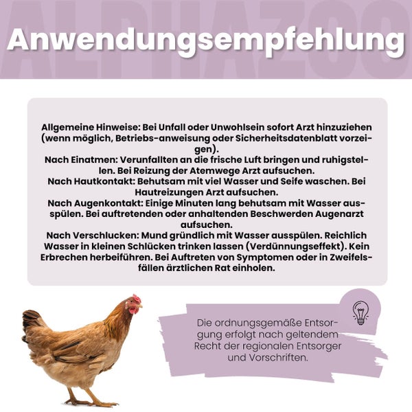 Empfohlene Anwendungshinweise für ein Produkt mit einer Illustration eines Huhns und Entsorgungshinweisen.