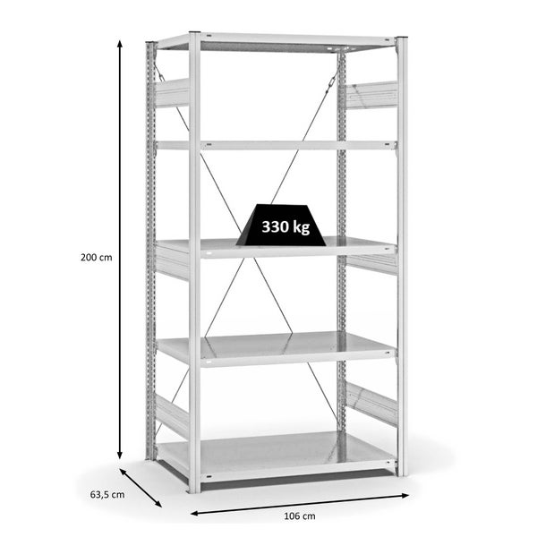 PROREGAL Fachbodenregal Stecksystem T-Profil Heavy-Duty Grundregal HxBxT 200 x 100 x 60 cm 5 Ebenen Fachlast 330 kg Einseitig Nutzbar Lichtgrau