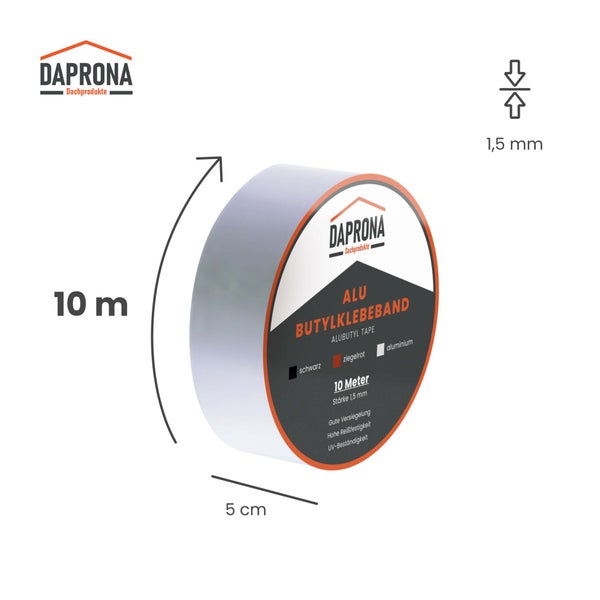 Daprona Logo. Rolle Alu Butylklebeband für das Dach, 10 Meter lang, 5 Zentimeter breit und 1,5 Millimeter stark.