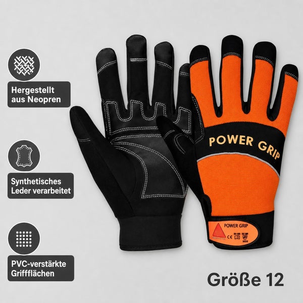 Ein Paar Power Grip Arbeitshandschuhe in Größe 12 mit Neopren, synthetischem Leder und PVC verstärkten Griffflächen für sicheren Halt.