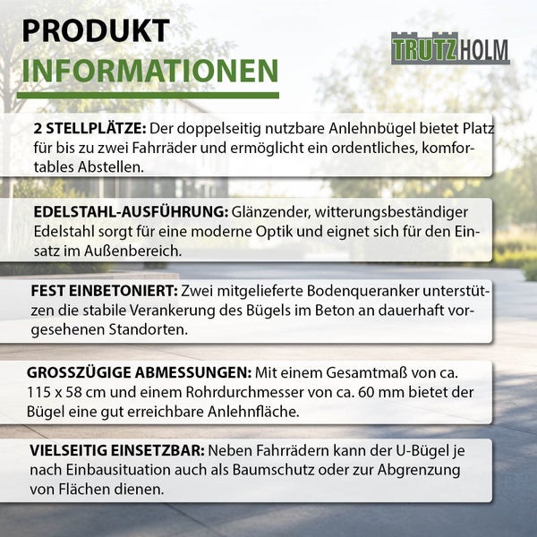 Trutzholm Fahrradanlehnbügel aus Edelstahl mit zwei Stellplätzen zum Einbetonieren zur sicheren Abstellung von Fahrrädern im Außenbereich