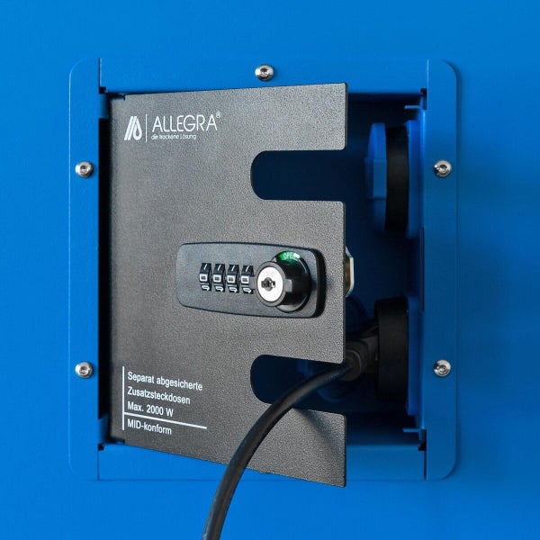 Allegra Logo, separate gesicherte Zusatzsteckdosen mit Zahlenschloss, maximal 2000 Watt, MID-konform