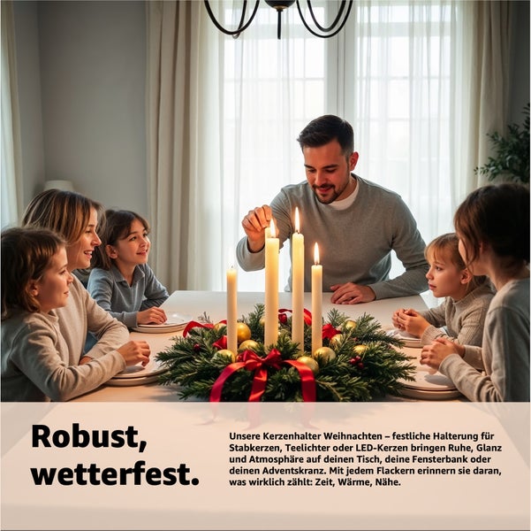 Familie zündet Adventskranz mit Kerzen auf Esstisch an