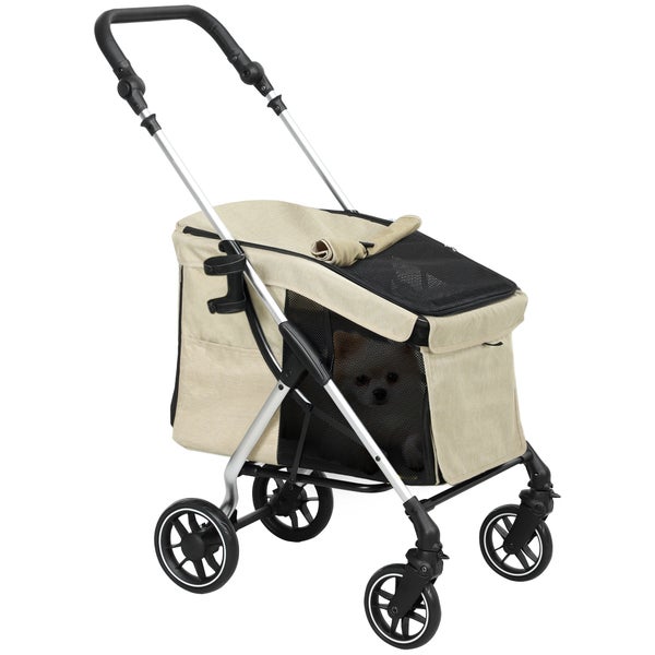 PawHut Hundewagen leicht Hundebuggy aus Aluminium klappbar für Hunde & Katzen Katzenbuggy mit Kissen Netzfenstern Türen Aufbewahrungskorb Katzenwagen Buggy Khaki