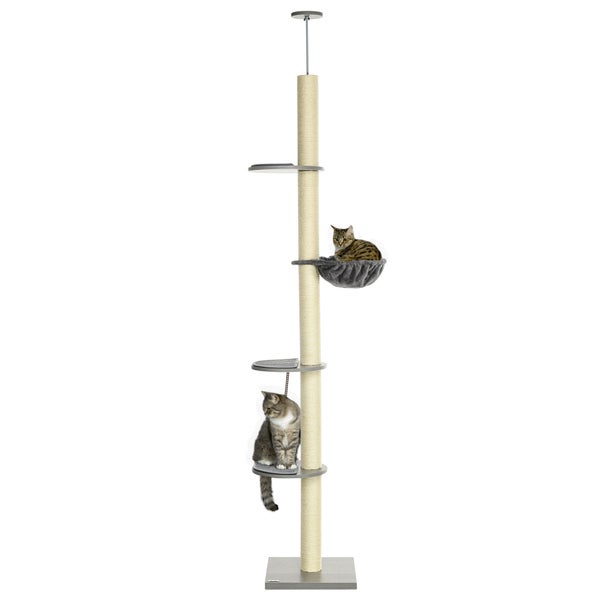 PawHut Kratzbaum, Katzenkratzbaum Deckenhoch, 230-250 cm, Kletterbaum mit Hängematte, Katzenbaum Höhenverstellbar, Spielbaum mit Kippschutz, Plüsch, Grau+Cremeweiß