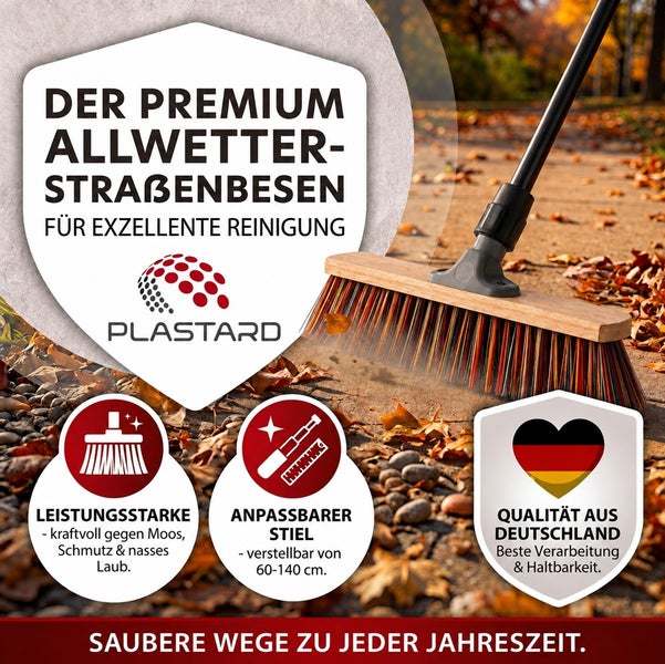 Plastard Allwetter Straßenbesen mit verstellbarem Stiel von 60 bis 140 Zentimeter zur Reinigung von Moos, Schmutz und nassem Laub.