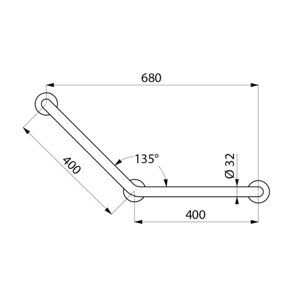 Maßzeichnung eines Haltegriffs mit 135 Grad Winkel. Schenkellänge 400 Millimeter, Breite 680 Millimeter, Rohrdurchmesser 32 Millimeter.