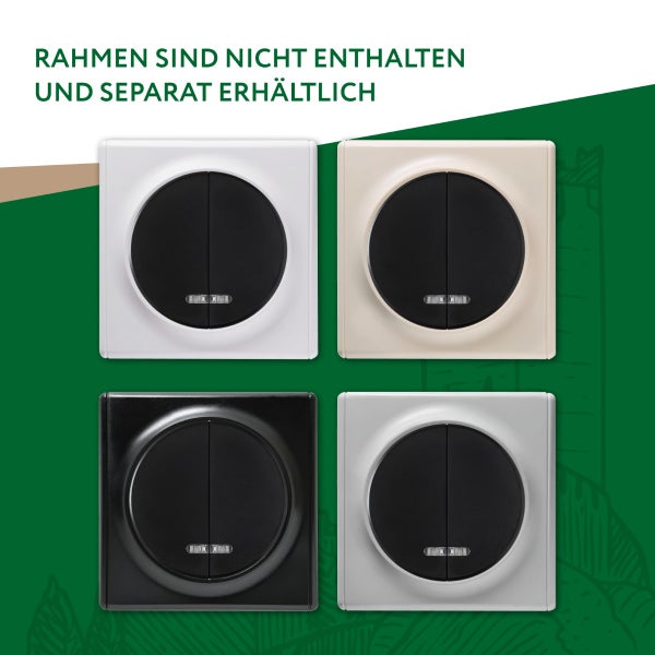 Vier quadratische Lichtschaltereinsätze mit runden Wippen ohne Rahmen, Rahmen sind separat erhältlich.