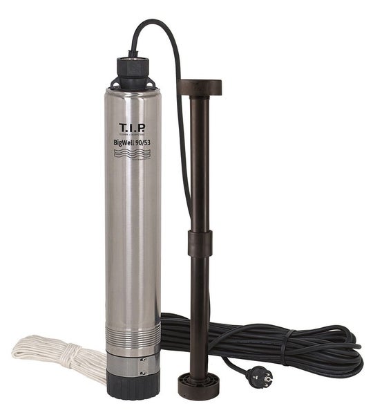 T.I.P. Tiefbrunnenpumpe BigWell 90/53 aus Edelstahl mit schwarzem Anschlusskabel, Abstandshalter und weißem Seil.