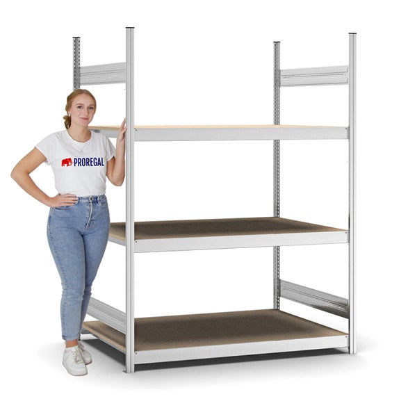 PROREGAL Weitspannregal Stecksystem T-Profil Grundregal HxBxT 200x150x80 cm 3 Ebenen Spanplatten Fachboden Fachlast 350 kg Verzinkt