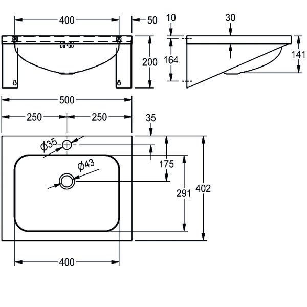 Maßzeichnung eines Waschbeckens mit einer Breite von 500 Millimetern und einer Tiefe von 402 Millimetern in verschiedenen Ansichten.