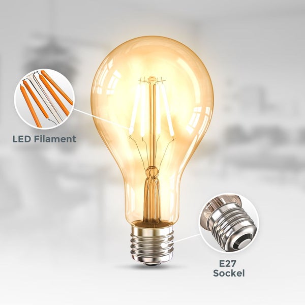 LED-Filament-Leuchtmittel mit E27-Fassung, Höhe 135 Millimeter und Durchmesser 72 Millimeter.