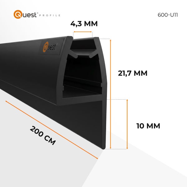 Quest Profile 600-U11 schwarzes Profil mit Maßen: Breite 4,3 Millimeter, Höhe 21,7 Millimeter, Lippe 10 Millimeter, Länge 200 Zentimeter.