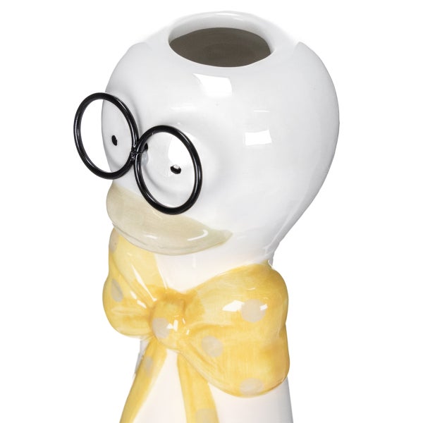 Dekorative Blumenvase in Form eines Vogels mit Brille und Schleife