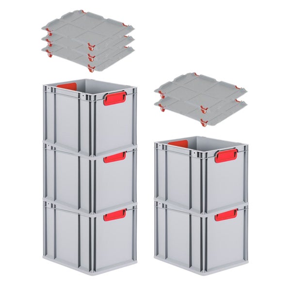 PROREGAL Spar Set 5x Eurobox Nextgen Color Mit Auflagedeckel & Schiebeschnappverschlüsse HxBxT 32 x 30 x 40 cm Griffe Rot Geschlossen Glatter Boden