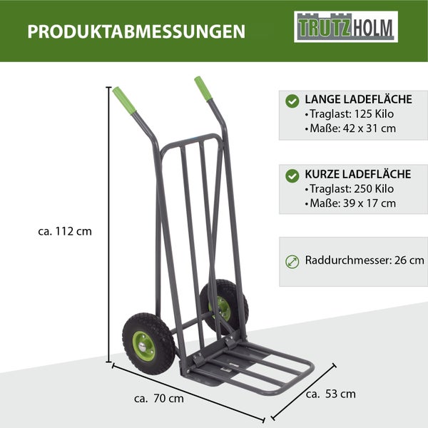 Trutzholm Sackkarre mit zwei Ladeflächen und Maßangaben zur Produkthöhe, Breite und Tiefe inklusive Traglastinformationen.