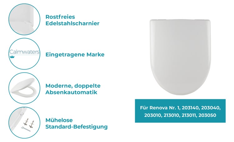 Calmwaters® WC Sitz für Keramag Renova Nr. 1, antibakterieller Toilettensitz mit Absenkautomatik, Duroplast Toilettendeckel, überlappende D-Form, Edelstahlscharnier, Klodeckel, Weiß, 26ZZ3550