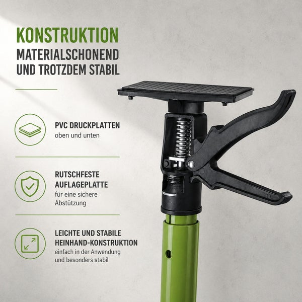 Deckenstütze mit rutschfester PVC Druckplatte und Einhandmechanismus für stabile und materialschonende Fixierung bei Montagearbeiten.