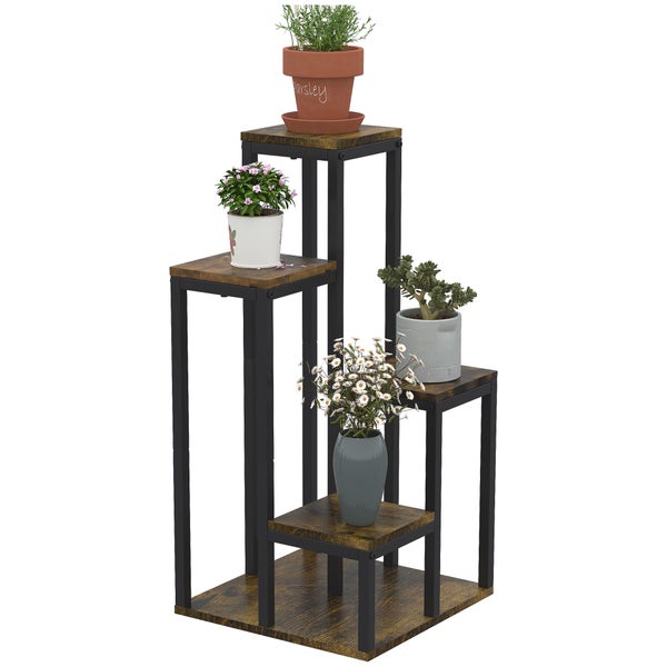 Mehrstöckiger Blumenständer aus dunklem Holz und schwarzem Metall mit vier Ebenen für Zimmerpflanzen.