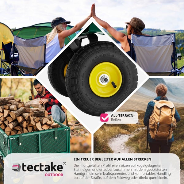 Collage mit Szenen des Bollerwagens im Einsatz: Camping, Brennholztransport und Wandern