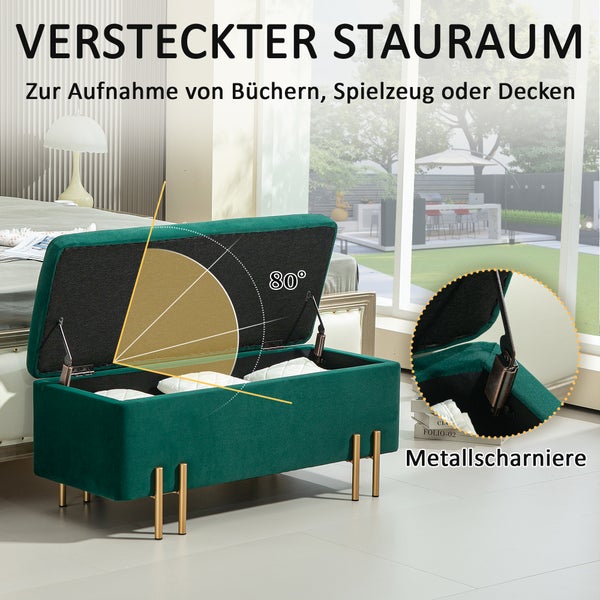 HOMCOM Sitzbank mit Stauraum Polsterbank mit Samtoptik, Sitztruhe mit Metallbeine, Truhenbank für Wohnzimmer Schlafzimmer Flur 100 x 40 x 42 cm, Grün