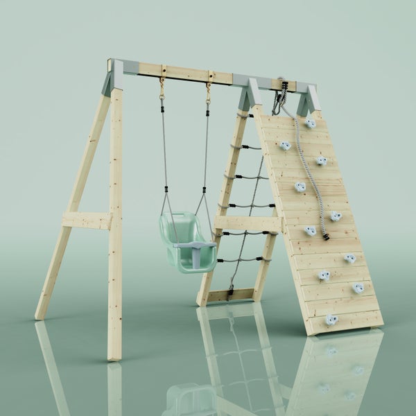 Spielgerät aus Holz mit Schaukel, Kletternetz und Kletterwand.